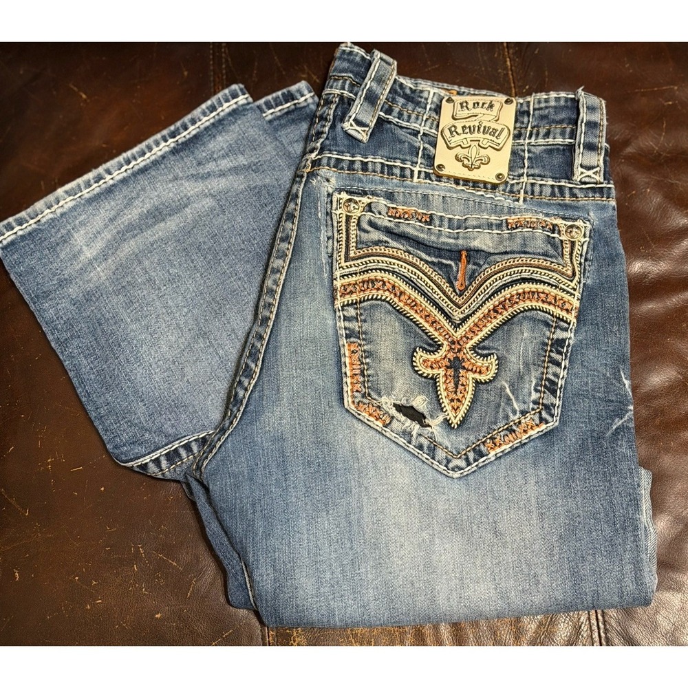 Rock Revival Remy Relaxed Straight Jeans Size 34x30 Distressed Y2K *holes READ!